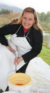 Christine milking salmon