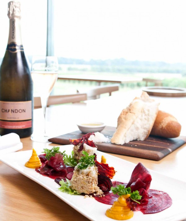 Caraway Pickled Beetroot with pine nut encrusted goats feta, crisp beetroot and carrot purée created by David Cafarella, chef at Domaine Chandon.