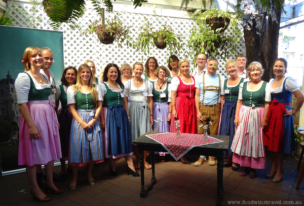 Members of Australian Society of Travel Writers dressed in dirndls.