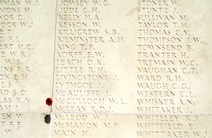 Name of Septimus Killigrew on wall at Villers-Bretonneux