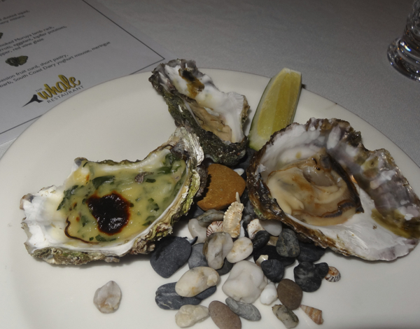 Trio of Wagonga Inlet oysters .. one of the big, flat indigenous Angasi ones served au natural, and two Sydney rock, one served au natural with lemon wedges from the restaurant garden and one baked with Narooma spinach and ABC Tilba cheddar mornay.