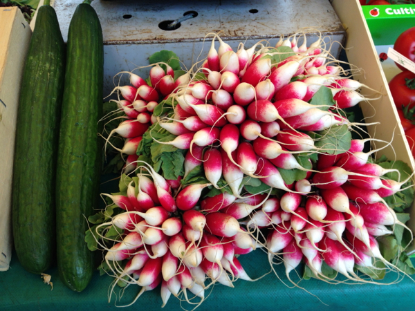 Radishes at fresh food market at Conflans Ste Honorine on the River Seine