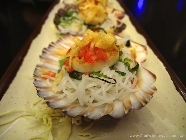 www.foodwinetravel.com.au Seared scallops with tomato chilli dressing. With Luke Nguyen at Fat Noodle restaurant, The Star, Sydney.