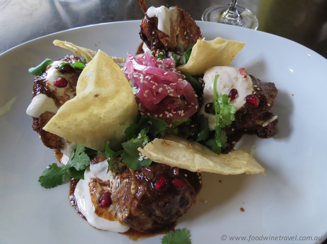 Chicken mole with guacamole, baja sauce, pickled onion and crisp tortilla. Ben O'Donoghue cooks a special Let's Do Lunch menu at Billy Kart Kitchen at Annerley for Good Food Month.