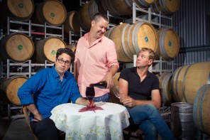 Plonk season two, Josh pouring wine for Chris while looking at Nathan at Ochota Barrels