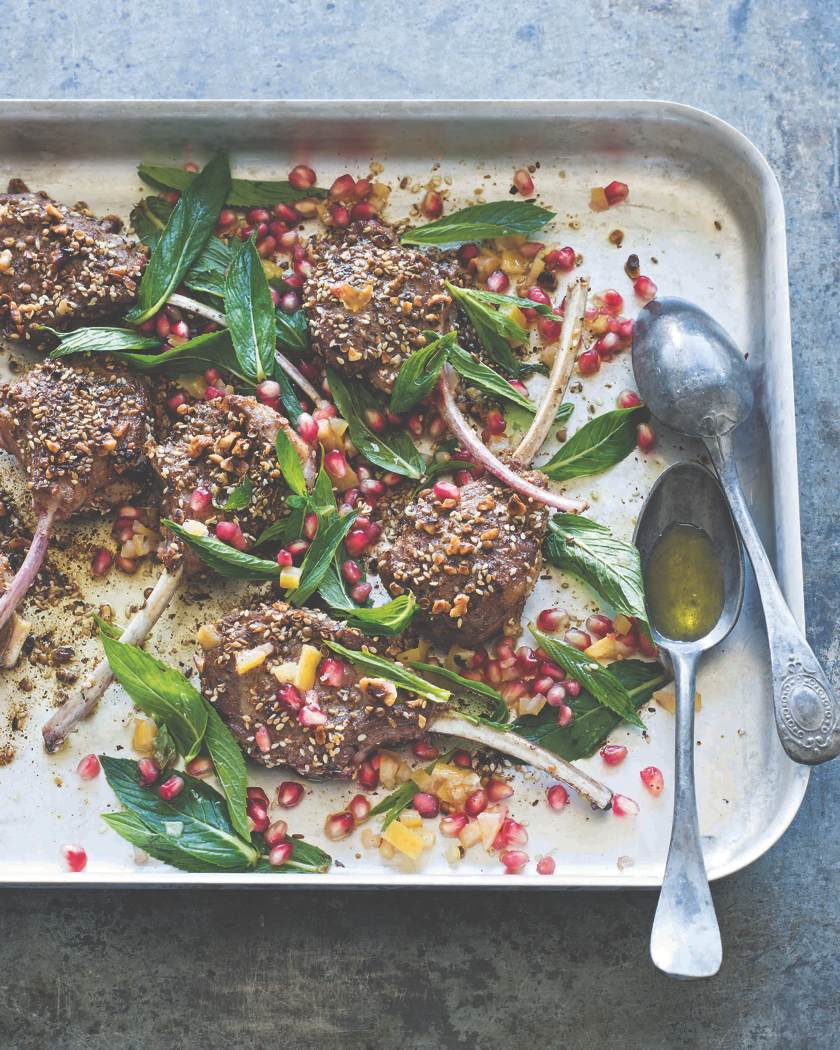 Dukkah lamb cutlets with mint & pomegranate salad, recipe from Falafel for Breakfast