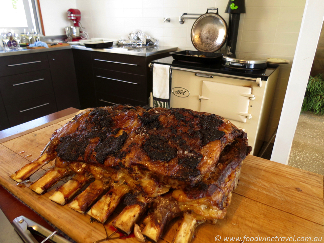 Standing rib roast cooked in the Aga oven, Autumn shared table lunch hosted by Southern Queensland Country, promoting autumn getaways in south east Queensland.