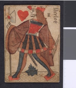 Playing card, hand-coloured woodcut on paper, c.1560–1590, found in France. British Museum curated Medieval Power exhibition at the Queensland Museum.