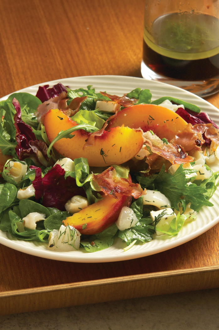 Recipe for Peach, Feta & Proscuitto Salad, Lime & Lychee Dressing, from The Best of Peter Howard