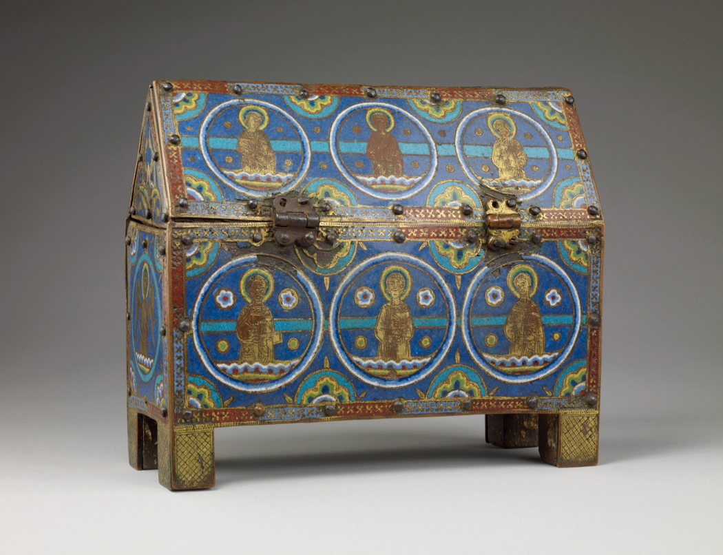 Reliquary casket, copper alloy, enamel, wood, c.1250, found in France. British Museum curated Medieval Power exhibition at the Queensland Museum.