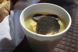 Cauliflower soup with truffle served after the hunt at Tarago Truffles, thanks to Anne Sturgjss.