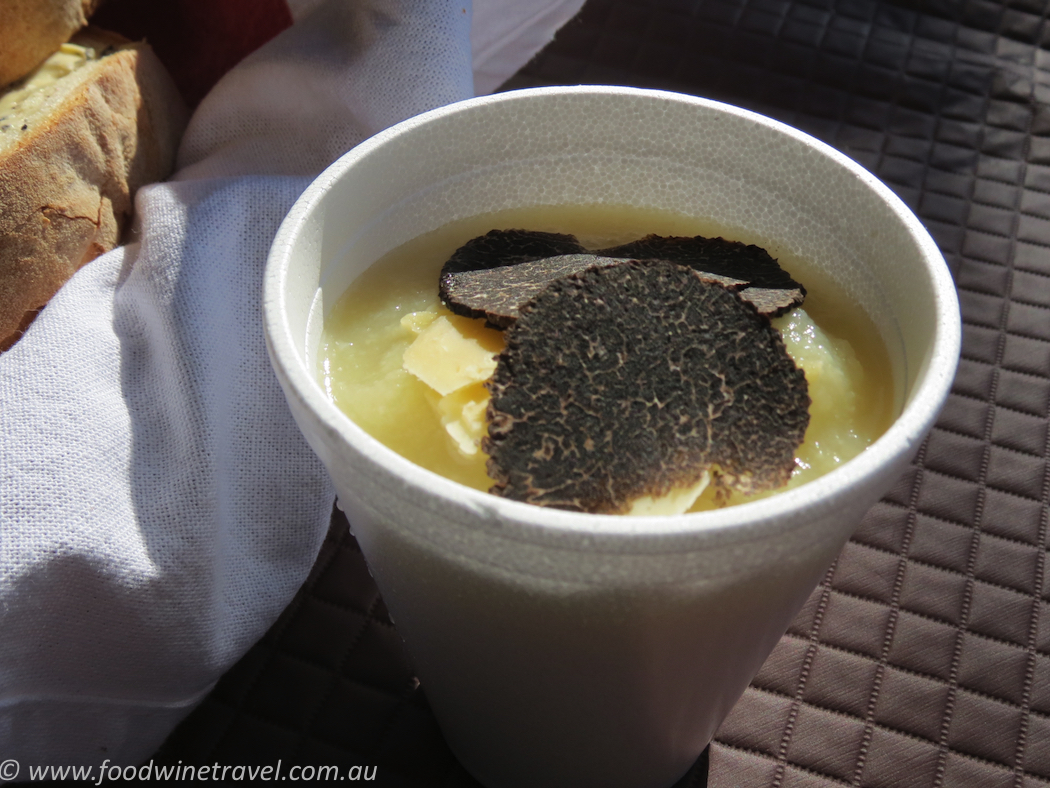 Cauliflower soup with truffle served after the hunt at Tarago Truffles, thanks to Anne Sturgjss.