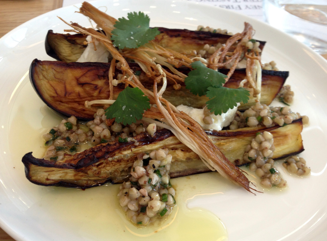 Grilled eggplant with goats curd, buckwheat, sesame vinaigrette and Enoki mushrooms