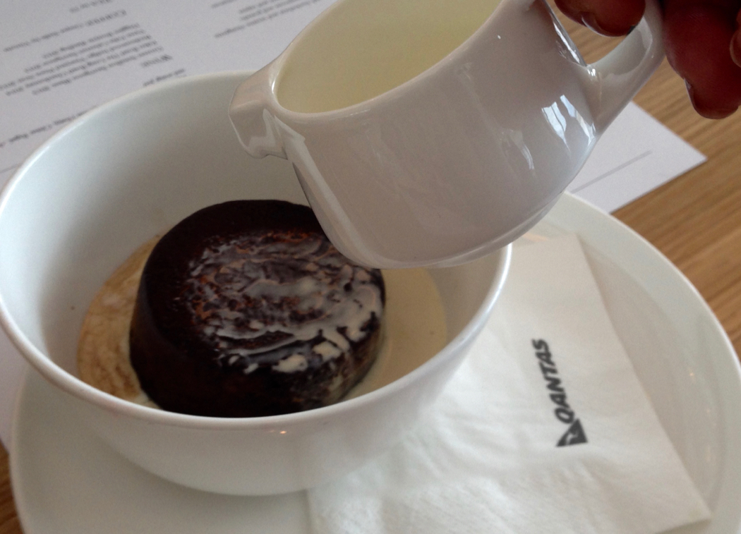 Qantas Bread and Butter Pudding with chocolate ganache and brioche