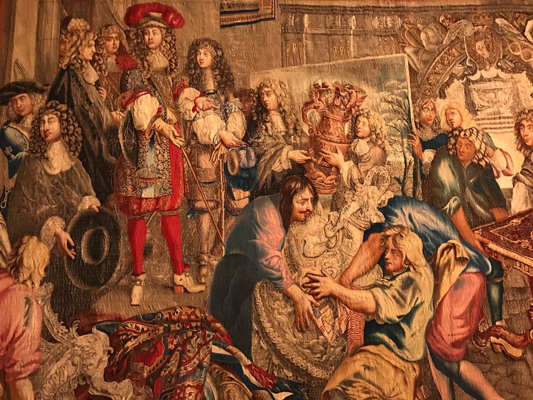 Detail from wool, silk and gold thread Gobelins Tapestry The King's Visit to the Gobelins Factory 1729 to 1734