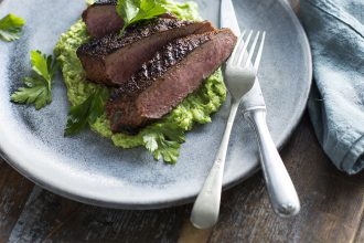 Sweet Spiced Lamb with Avocado Pea Crush, from The Good Carbs Cookbook.
