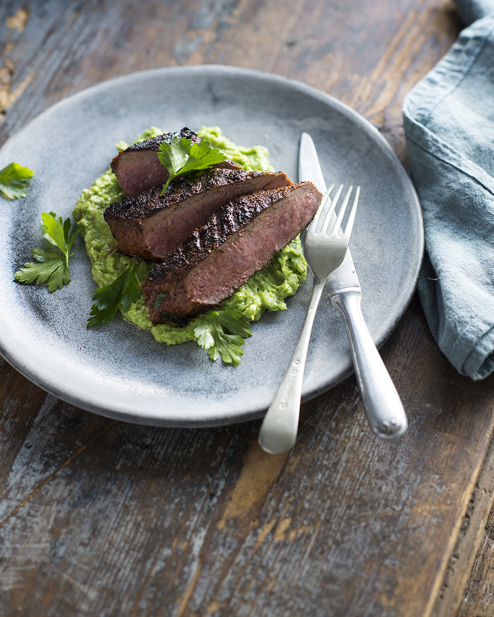 Sweet Spiced Lamb with Avocado Pea Crush, from The Good Carbs Cookbook.