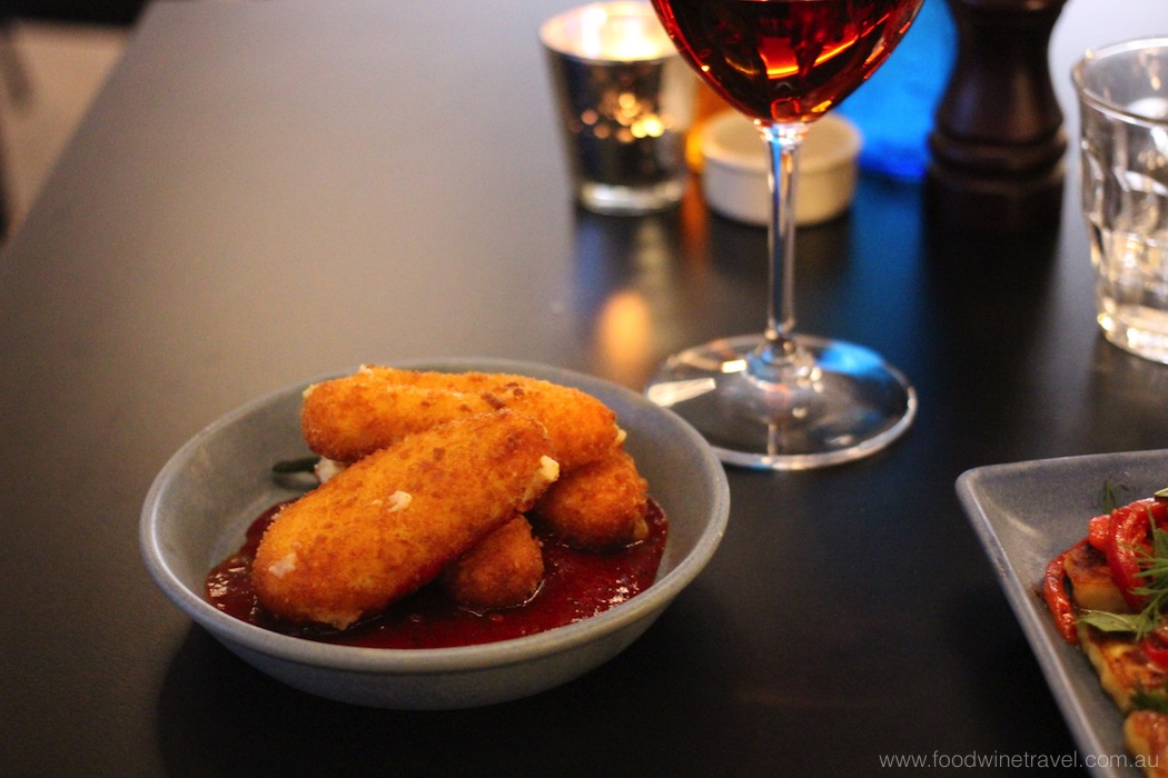 Manchego croquettes with capsicum jam. Podllato Restaurant Canberra