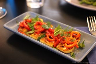 Saganaki (grilled haloumi with roasted sweet peppers, dressed with lemon, olive oil, dill & mint) Podilato Restaurant Canberra