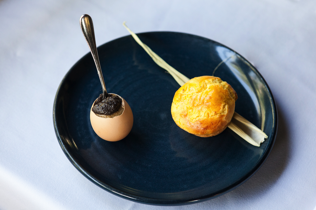 Truffle, Onion & Parmesan Custard, served in an egg shell with toasted corn brioche on the side.