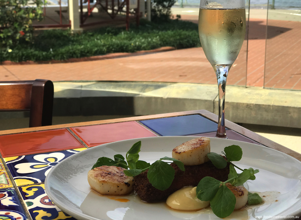 Suttons Beach Pavilion Hervey Bay scallops with croquette of ham hock peas and aioli