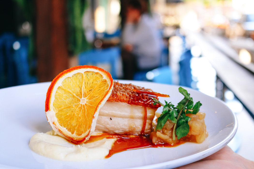 Twilight Table pork belly dish with quince and orange glaze and cauliflower puree