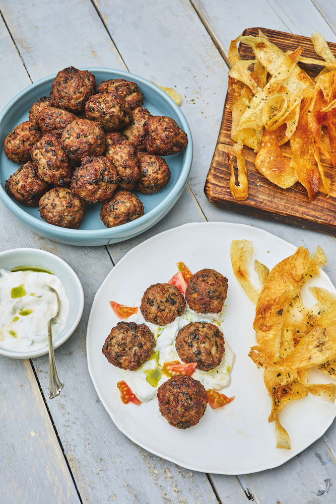 Grandmama’s Meatballs With Handmade Crisps, from Mazi: Modern Greek Food.