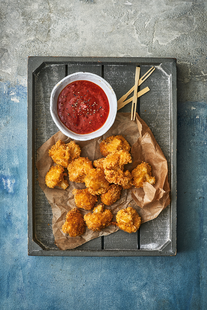 Cauliflower Wings and Hot Sauce, from SuperVeg, by Celia Brooks.