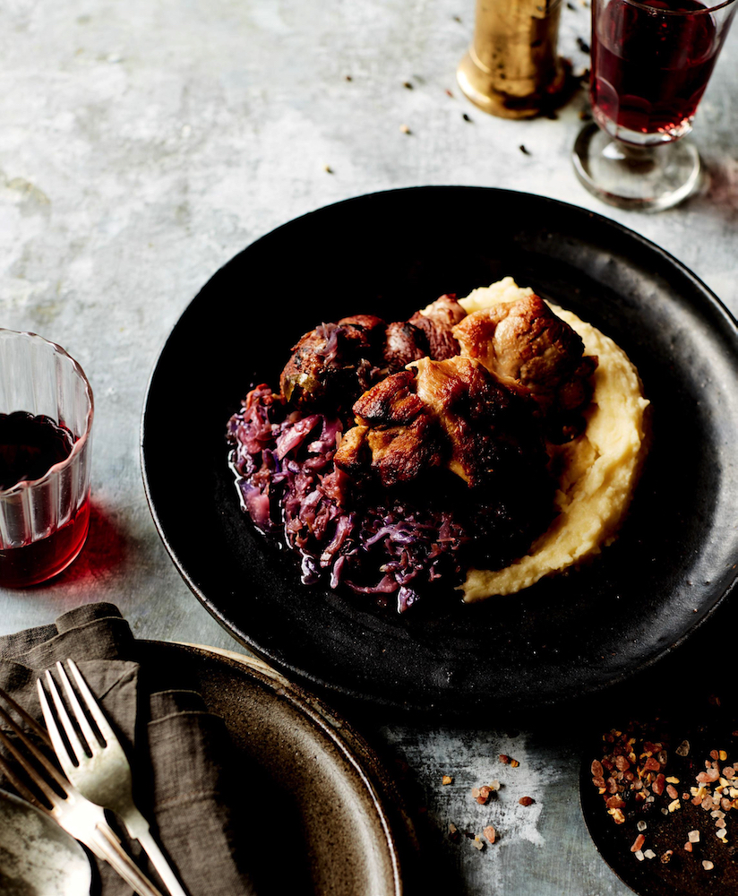 Braised Pork Shoulder with Apple Cider & Red Cabbage, from Winter, by Louise Franc.