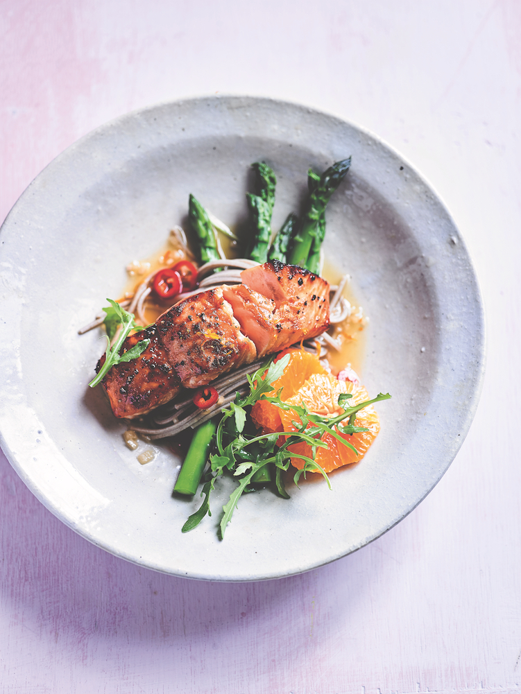 Grilled Honey Soy Salmon with Citrus Soba Noodles, from My Asian Kitchen.