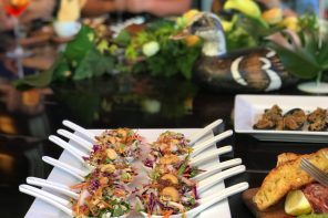 Asian-style grilled prawn and cashew with tangy lime chill dressing, at Esco. Four great restaurants at Sanctuary Cove Queensland.