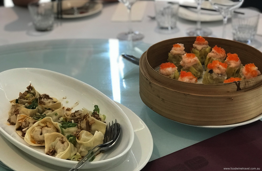 Steamed pork and prawn wontons, and Dragon Cove’s signature steamed dim sum topped with prawn and fish roe.