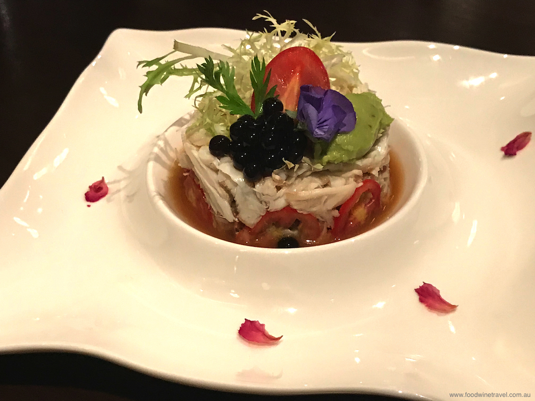 Crabmeat with avocado and black vinegar caviar, La Chine, Macau.