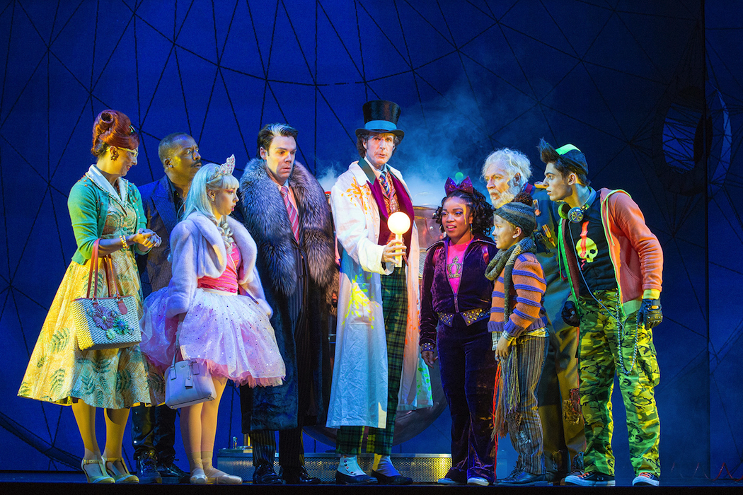 Charlie and the Chocolate Factory on at Capitol Theatre Paul Slade Smith (Willy Wonka), Xion Jarvis (Charlie), Tony Sheldon (Grandpa Joe) and cast (c) Jeff Busby