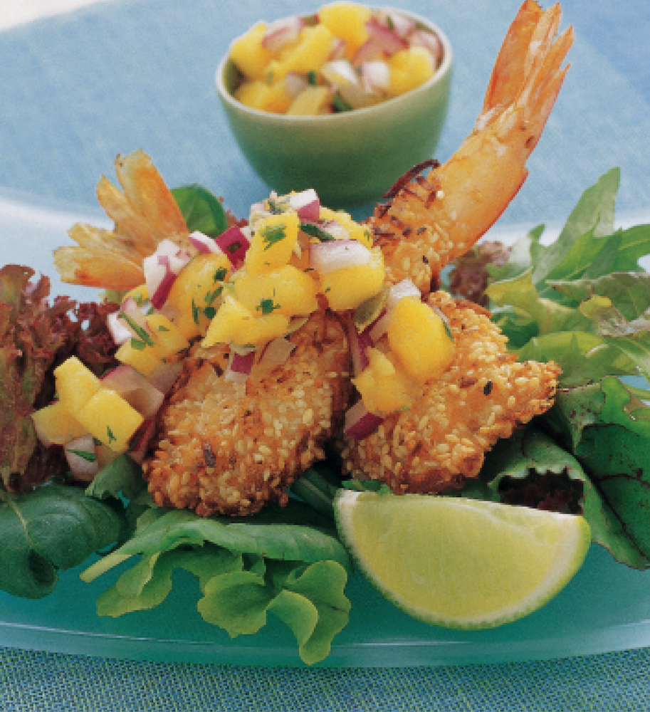 Australian Heritage Cookbook Sesame Coconut King Prawns with Mango Salsa