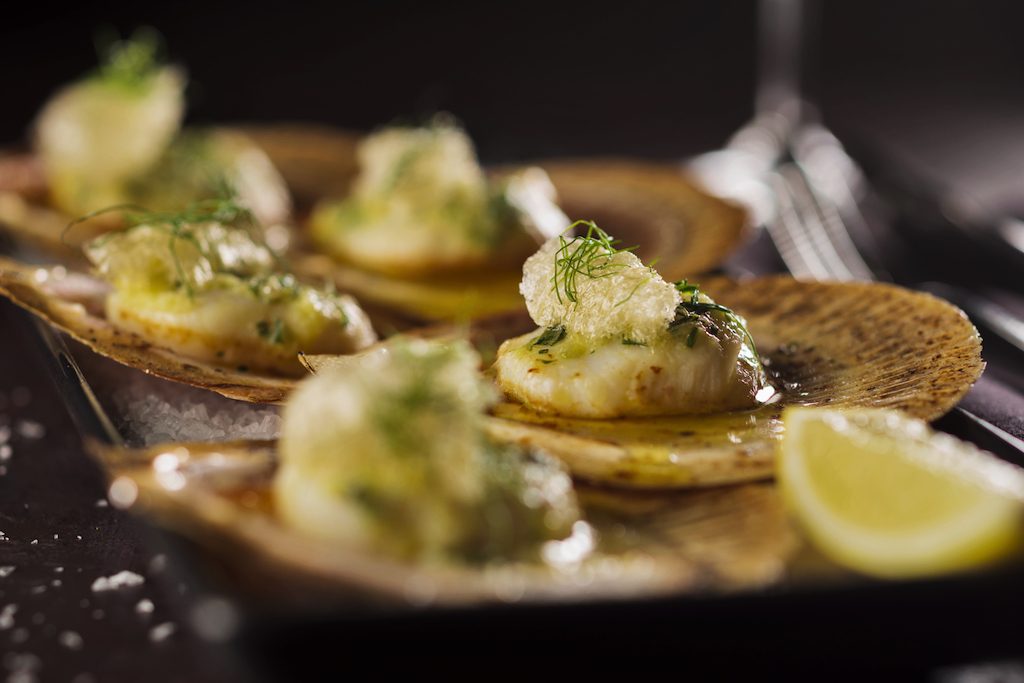 Black Hide Grilled Hervey Bay Scallops with lemon butter accompanied by Teifenbrunner Pinot Grigio