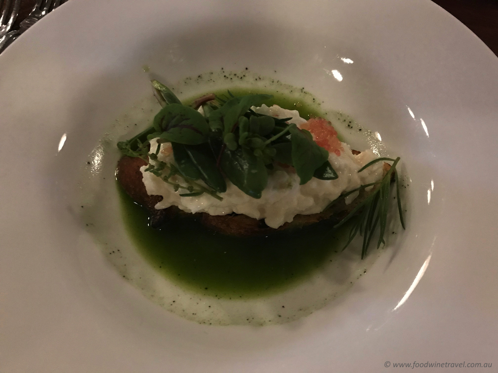 Fraser Island spanner crab on toast with salsa verde and sea flora