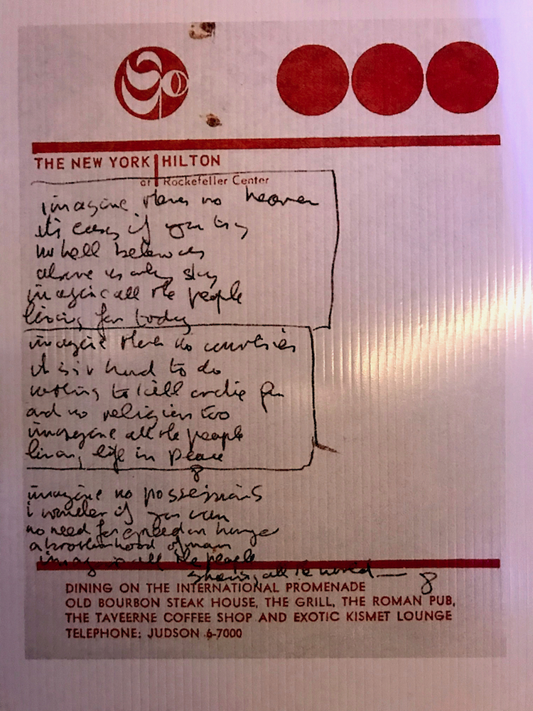 John Lennon penned the lyrics of Imagine on the stationery of the New York Hilton.