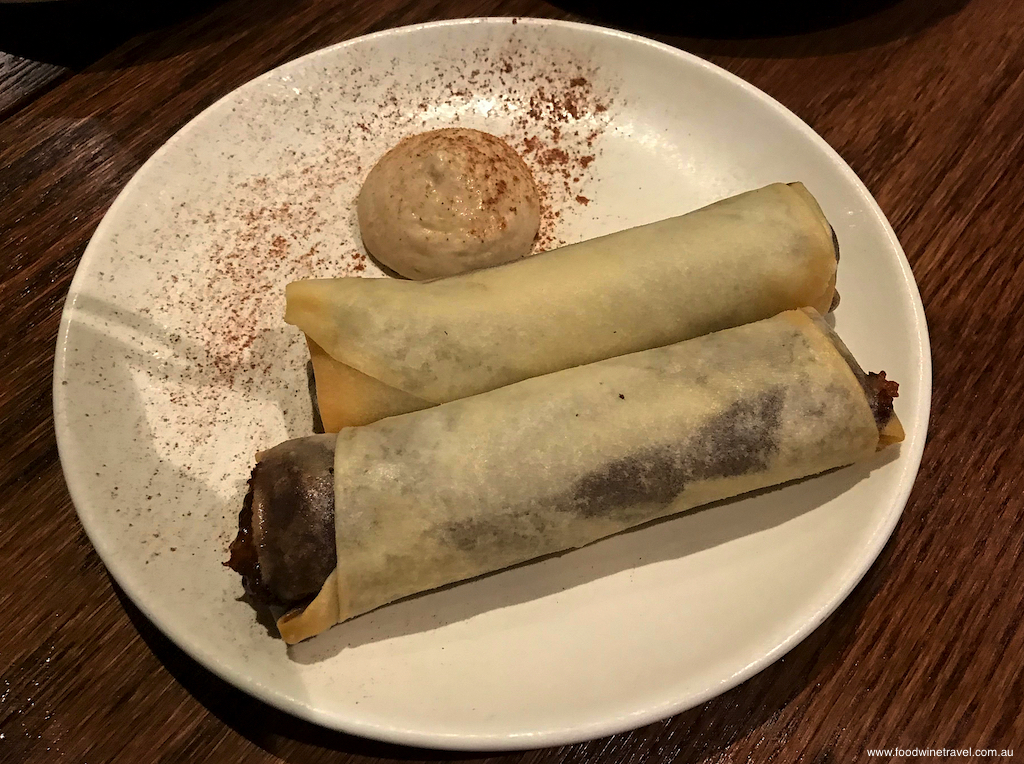 Nu Bambu Sydney Banana Nutella Spring Roll served with roasted banana cream