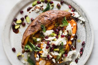 Slow-roasted sweet potato with feta, pomegranate and pistachios, from The Flexible Pescatarian.