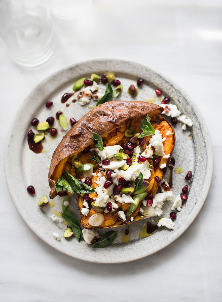 Slow-roasted sweet potato with feta, pomegranate and pistachios, from The Flexible Pescatarian.