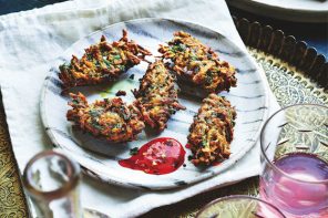 Recipe for Turmeric, Spinach & Sweet Potato Fritters, from Bazaar, by Sabrina Ghayour.