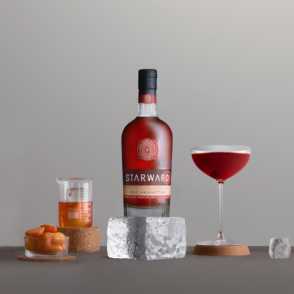 Starward recommends that the Red Manhattan be kept in the fridge and served in a coupe glass.