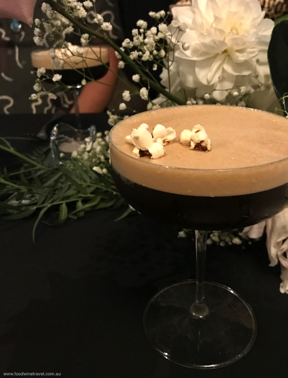 Salted Caramel Espresso Martini topped with popcorn in a nod to the building's cinema heritage.