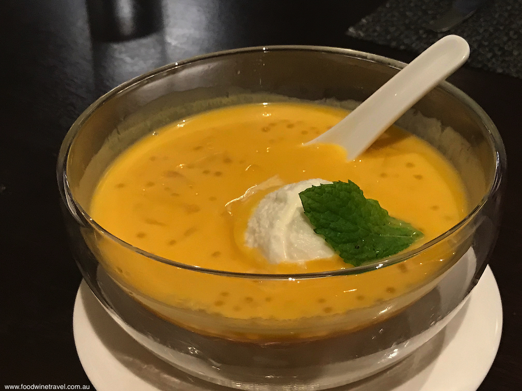 La Chine's chilled mango soup with sago pomelo and coconut icecream.