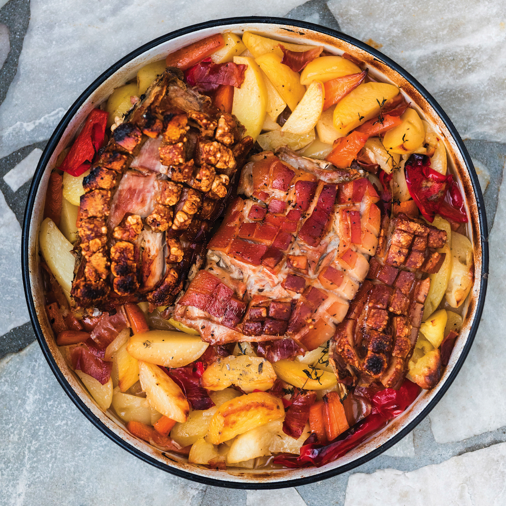 Recipe for Greek Roast Pork, from Mediterranean Lifestyle Cooking.