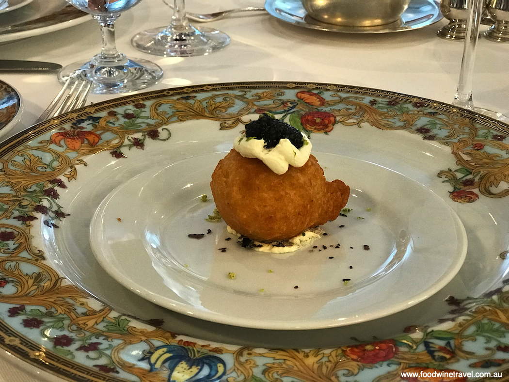 Oceania Cruises Regatta Potato fritters Sevruga Caviar with vodka-lime cream