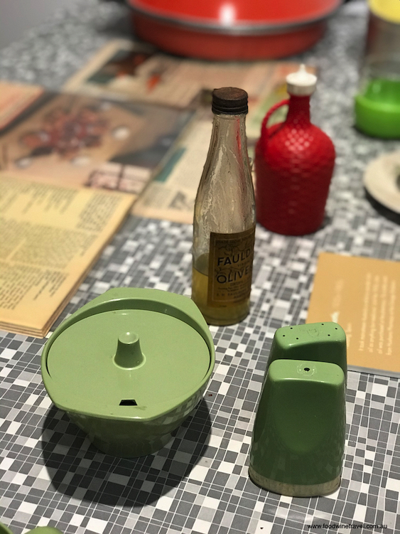 Mum's green Tupperware sugar bowl and salt and pepper shakers.