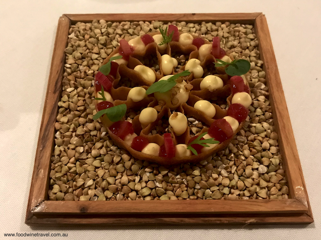 Boerenkaas (cheese), buckwheat and rhubarb, served biscuit-style at La Petite Colombe.