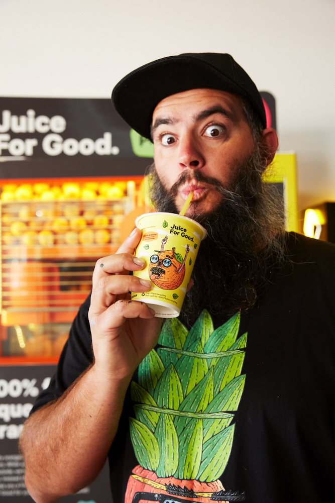 Sydney street artist, Mulga, collaborated in producing limited edition cup designs for Juice For Good.